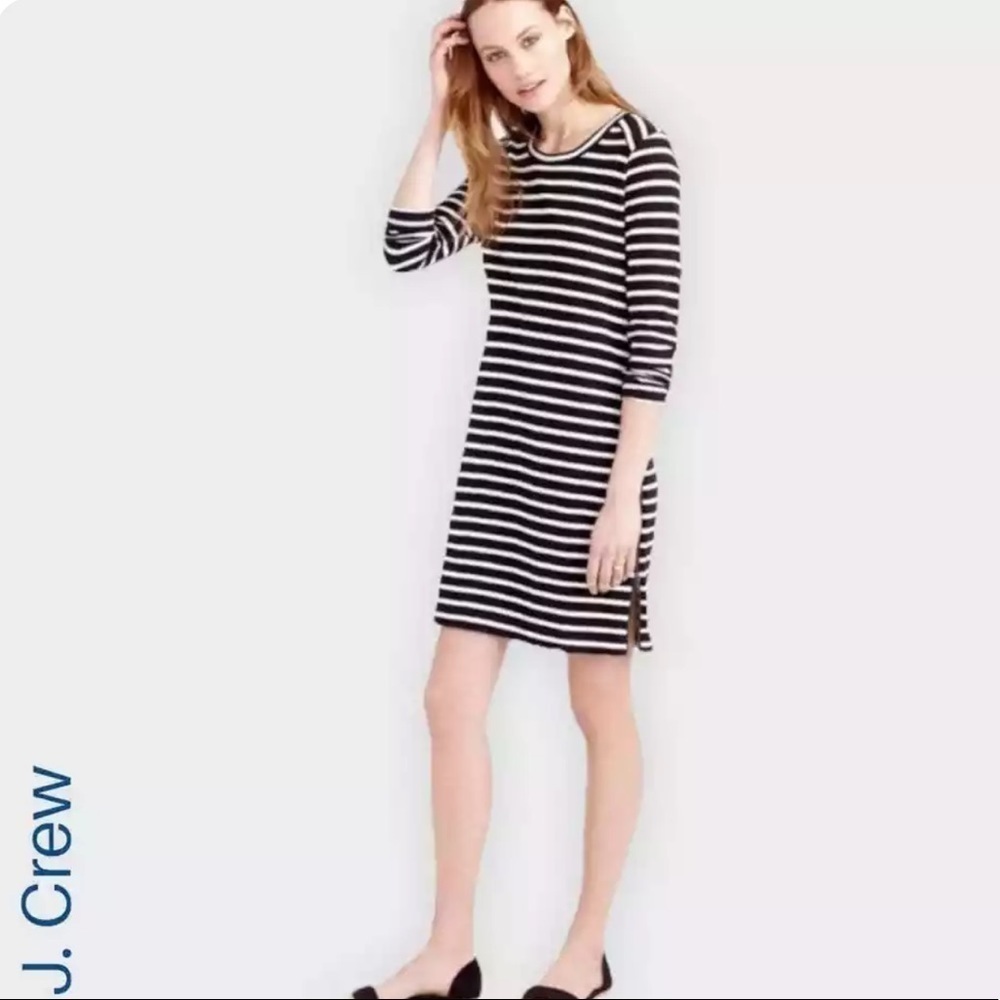 J. Crew black ivory striped shift dress side ling zippers Sz M